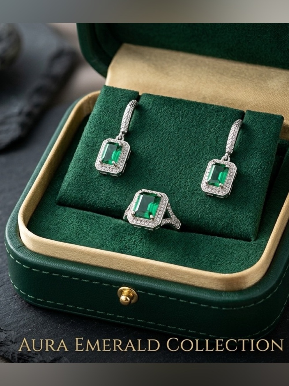 💚 Elegant 2 piece Set Emeralds and Diamond .25 carat Earrings and Ring SZ 8